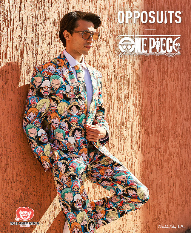 Image with the text OppoSuits One piece in the right corner. Also in the picture a man wearing a One Piece men suit.