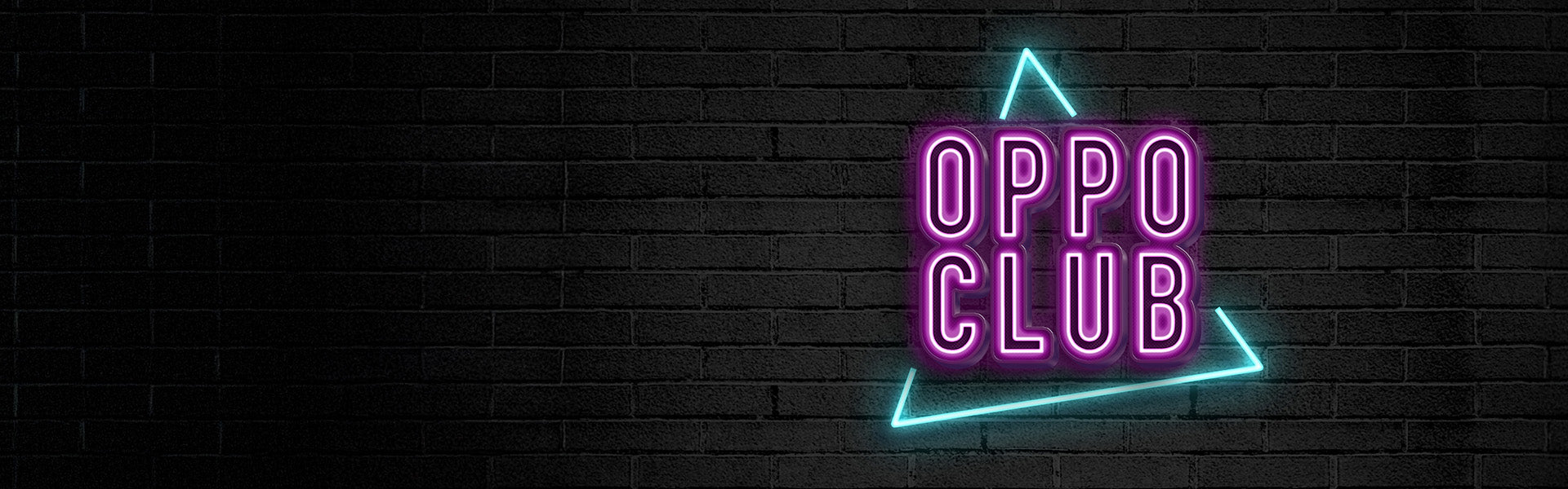 Neon sign with 'Oppo Club' text on a dark brick wall background