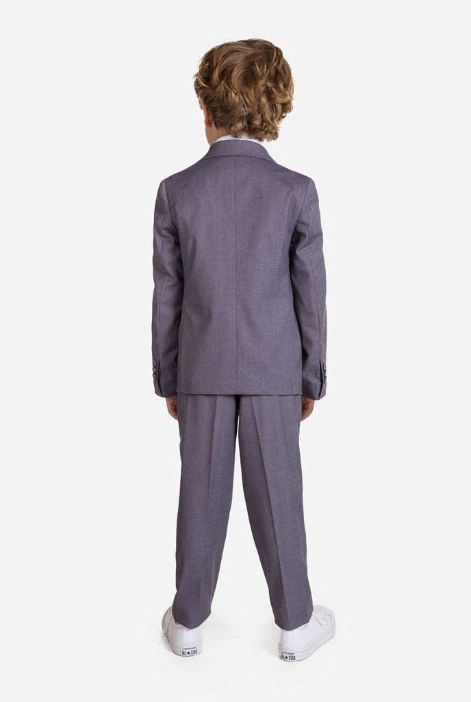 Boy wearing grey OppoSuits Daily kids suit, view from the back
